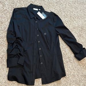 New York & Company Black Rouched Sleeve Button Up Blouse